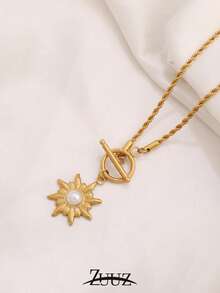 1pc Fashion Stainless Steel Necklace Round Natural Stone Sun Pendant Necklace Female Jewelry Suitable For Women's Daily Wear - necklace - View 9