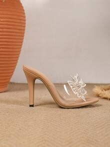 优雅圆头水钻蝴蝶花朵装饰高跟凉鞋，适合正式场合穿着。 - 杏色 - 查看 4
