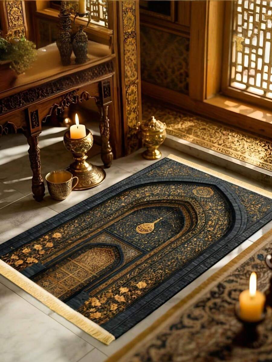 1pc Elegant Floral Pattern Prayer Mat - Soft Flannel Material, Machine Washable, Rectangular Comfortable Mat With Golden Accents, Mosque Design, Velvet Lining In Blue, Black And Gold With Tassels - Multicolor - View 1