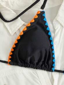 PEPPERMOLLY Bộ bikini hai mảnh màu đen dành cho nữ - Bộ đồ bơi họa tiết hình học tương phản nổi bật với quần bơi buộc dây bên hông, đồ bơi gợi cảm cho kỳ nghỉ biển, tiệc bể bơi và các buổi tụ họp mùa hè. - màu đen - Xem 6