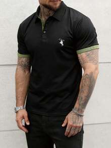 Men's Golf Polo Shirt, Fashion Business Casual Printed Short Sleeve Collared Button Design - Black - View 1
