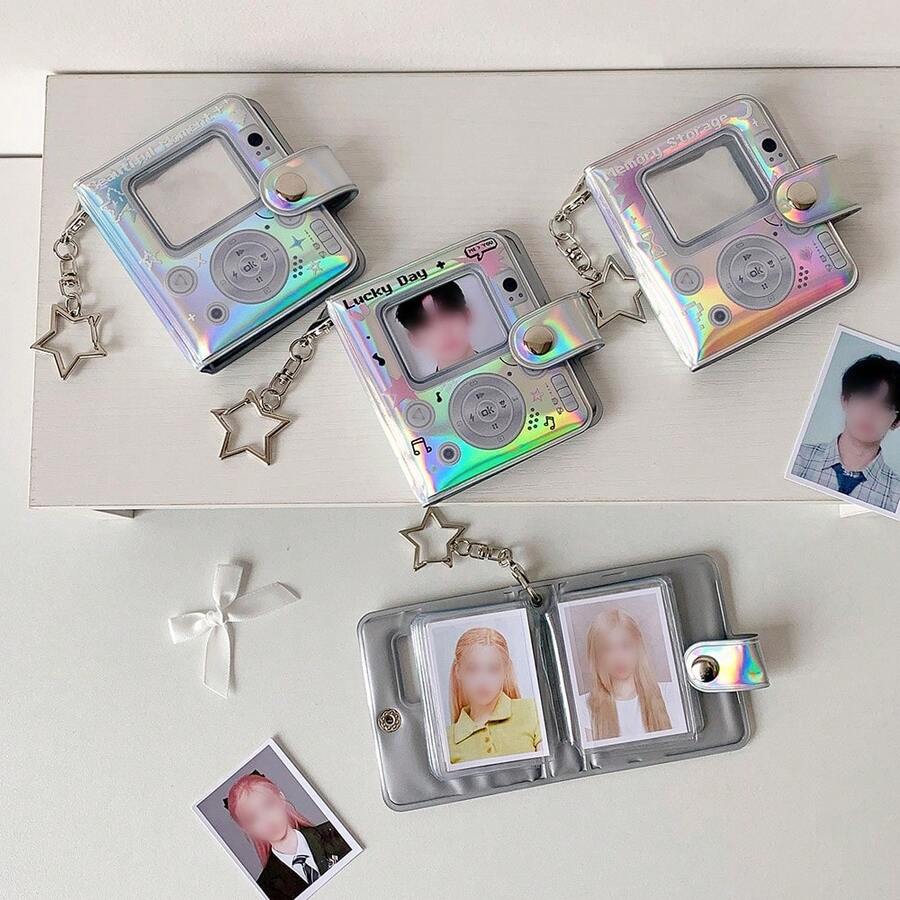 1个闪亮星形2英寸证件照卡套，全息闪亮相册，背包配件