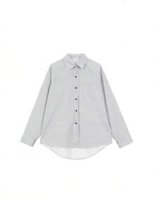 女士休闲条纹长袖衬衫，无领带，随机布料拼接，春季款 - 黑與白 - 查看 6