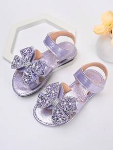 A Pair Of 2026 New-Style Girls' Glittery Bowlace Sequin-Embroidered Non-Slip Slip-On Low-Heeled Flat Sandals | Suitable For Weekend Family Outings / Sister Tea Parties / Kindergarten Activities - Purple - View 4