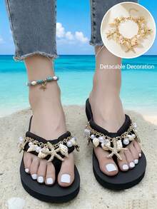 Women's Sandal Charm, Seashell Vacation Flip-Flop Chain, Pearl And Seashell Chain, Cute Summer Starfish Vacation, Ocean-Themed Beach Summer Charm Jewelry, Adjustable Natural Conch, Pearl, And Seashell Shoe Chain, Summer Vacation - Multicolor - View 7