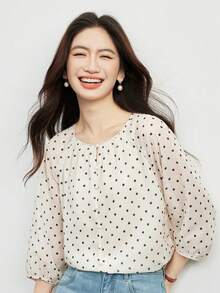 法式复古波点雪纺衬衫，女士春夏新款轻薄中袖打底衫，女士波点衬衫 - 杏色 - 查看 10