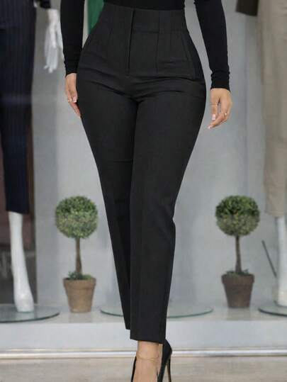 Calça Alfaiataria Feminina ZR Skinny Cintura Alta Bolsos Faca Zíper Look Social Elegante