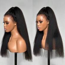 Uveous Glueless Wig Kinky Straight Human Hair Lace Front Wigs 13x4 HD Lace Pre Cut Pre Plucked Invisible Knots Wear And Go Yaki Straight Wig For Women 250% Density - Natural Black - 查看 4
