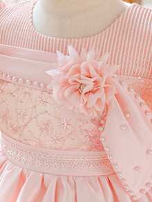 Young Girls' Puff Sleeve Floral Beaded Satin Elegant Formal Dress, Suitable For Graduation Party, Birthday Banquet, Excluding Headband - Màu Hồng baby - Xem 7