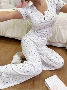 Dreamivo 2pcs Floral Print V-Neck Decorated Short Sleeve Top And Pants Pajama Set - White - View 5