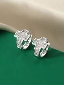 1对金色半镶锆石方形耳环，女士日常佩戴饰品 - 幾何耳環 - 查看 5