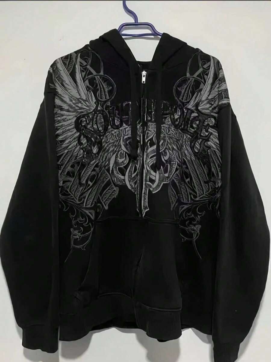 Y2K, High-Quality Harajuku-Style Patterned Hoodie, Fashionable Tracksuit, Holiday Apparel. Casual Cute Polyester Rib-Knit Pocket Drawstring Daily Four Seasons - màu đen - Xem 1