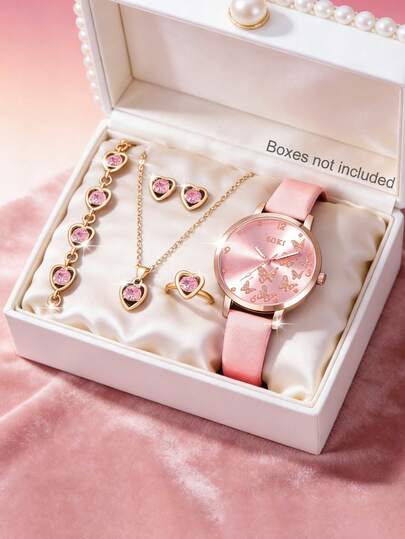 Women's Watch Set, Fashionable & Charming Butterfly Shaped Round Dial With Heart Necklace, Earrings, Bracelet, Ring Jewelry Set, Suitable For Daily Wear, Birthday, Party, Holiday Gathering, Ideal Gift For Friends (No Gift Box)
