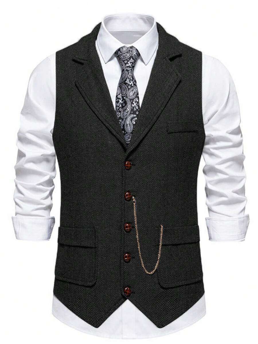 新款男士人字纹粗花呢马甲，复古翻领链条装饰背心