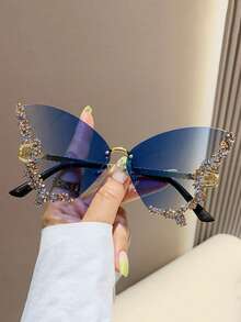 1-2pcs Fashionable Butterfly Shaped Rhinestone Frameless Fashion Glasses, Suitable For Travel, Y2K Style Rhinestone Butterfly Frame Fashion Glasses Suitable For Summer Beach Vacation And Outdoor Travel - Multicolor - View 7
