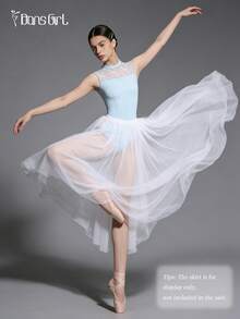 DonsGirl 1 pieza Maillot de ballet para mujer, diseño de cuello alto y espalda descubierta, detalle de encaje, ropa de actuación de danza - Celeste - Ver 7