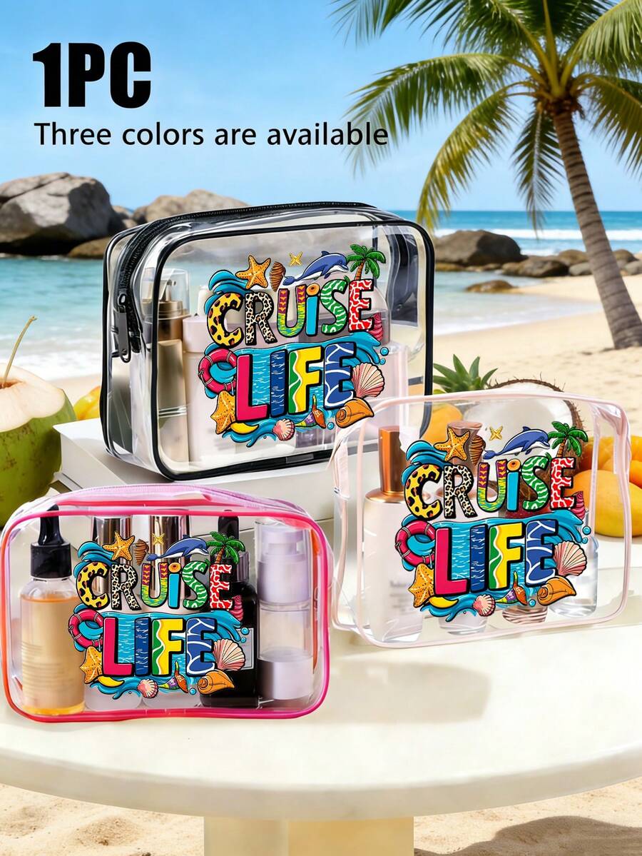 Simple Transparent Zippered Tote Bag - A Transparent Travel Toiletries Organizer Bag, Printed With "Cruise Life" And Ocean, Seashell, Starfish, Coconut Tree, And Dolphin Motifs. Lightweight Cosmetic Bag, High-Quality Pvc Cosmetic Bag, Portable And Durable High-Quality Travel Organizer Bag - Multicolor - View 1