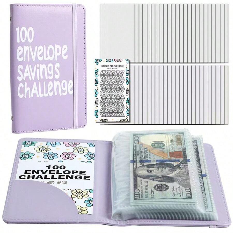 100 Days Money Saving Envelope BudgetStorage Book,Mother's Day,Mom,Mother's Day Gift,Flower,Jewelry,Mother's Day Decorations,Mother's Day Party Supplies,Women,Pink,Gift Set - Mauve Purple - View 1