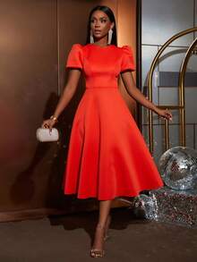 Faeriesty 优雅圆领中长款泡泡袖连衣裙，A字裙摆，收腰设计，适合婚礼宾客、浪漫写真、周年庆典、花园派对和正式新娘写真等场合。 - 橘色 - 查看 3