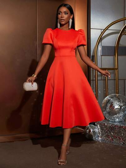 Faeriesty Elegant Round Neck Mid-Length Puff Sleeve Dress, A-Line Dress, Waist Cinching Design, Suitable For Wedding Guest, Romantic Portrait Photography, Anniversary Gala, Garden Party, And Formal Bridal Portraits Spring