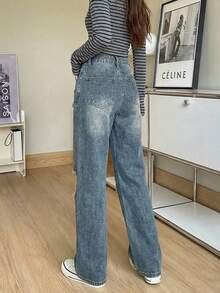 Women's Distressed Straight Leg Jeans Casual Spring - Medium Wash - View 5