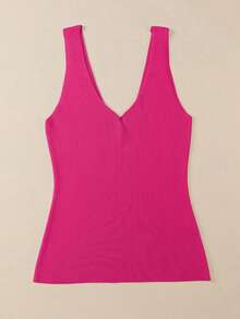 Acelitt Tank Top Rajut Wol Tanpa Lengan Leher V Warna Polos untuk Wanita, Kasual, Liburan Musim Panas - Hot Pink - View 6