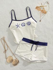 Women's Beach Vacation Shell Print Camisole Tankini Swimsuit Set - Beige - View 7