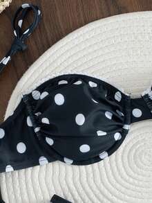 Bộ bikini mùa hè gợi cảm 2 món - Áo tam giác chấm bi màu tím đậm và quần bikini buộc dây bên hông có bèo nhún | Đồ bơi đi biển cho nữ - màu đen - Xem 5