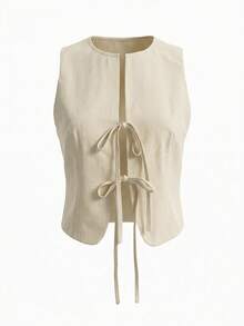 女士无袖圆领编织露脐上衣，饰有打结细节 - 杏色 - 查看 10