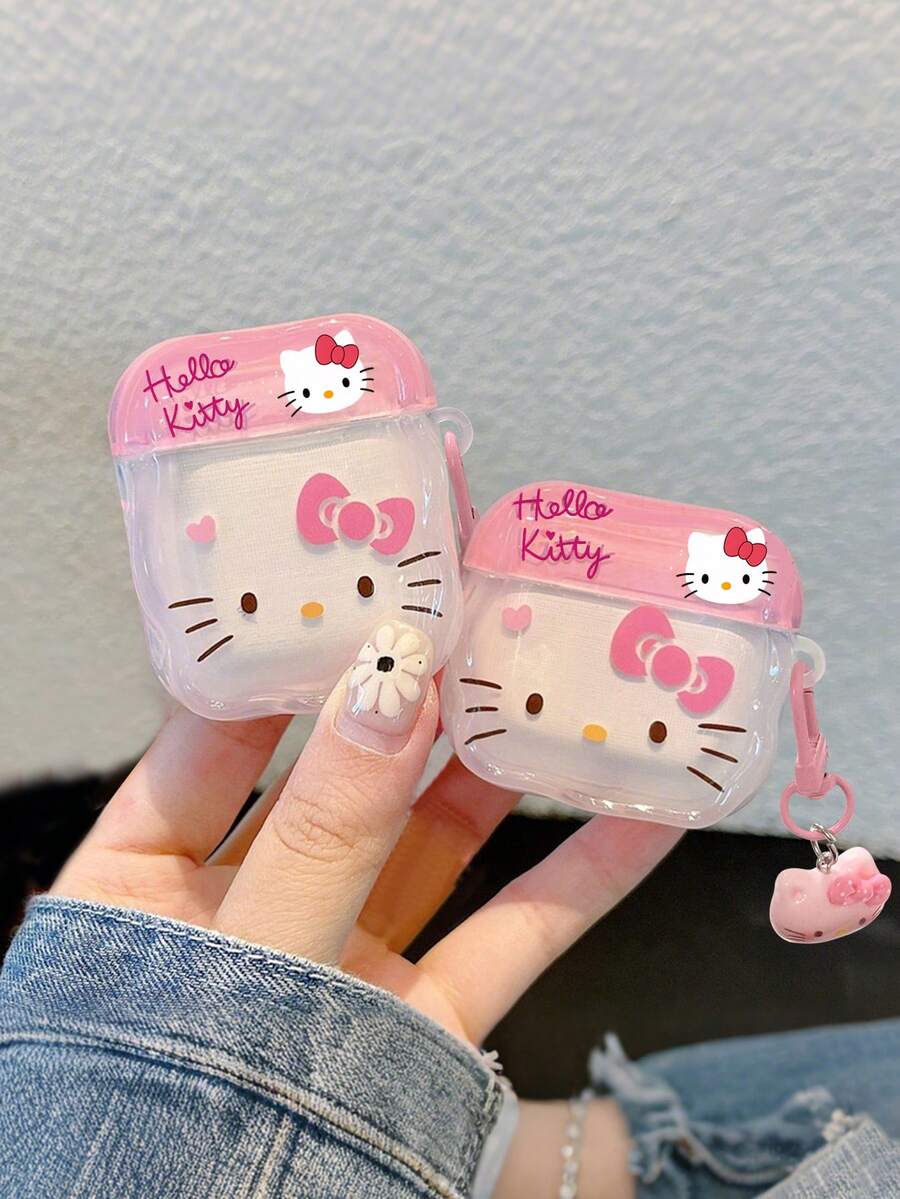 Sanrio Cute Cat Face Star Design, With Cat Head Pendant, Scratch-Resistant & Shockproof Earphone Case, Compatible With Apple Earphones 1234 Pro, Pro 2, Pro 3 - Pink - View 1