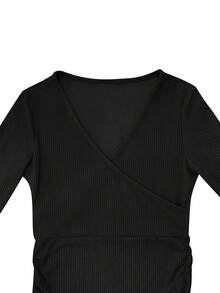 女士休闲性感纯色V领长袖荷叶边鱼尾修身连衣裙，万圣节可爱风格 - 黑色 - 查看 7