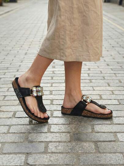 roulvxiang Wide Fit Plus Size Metal Buckle Women's Flip-Flops Casual Home Wear Outdoor Sandals Diamond Sequin Slide Flip-Flops Multi-Color Shoes