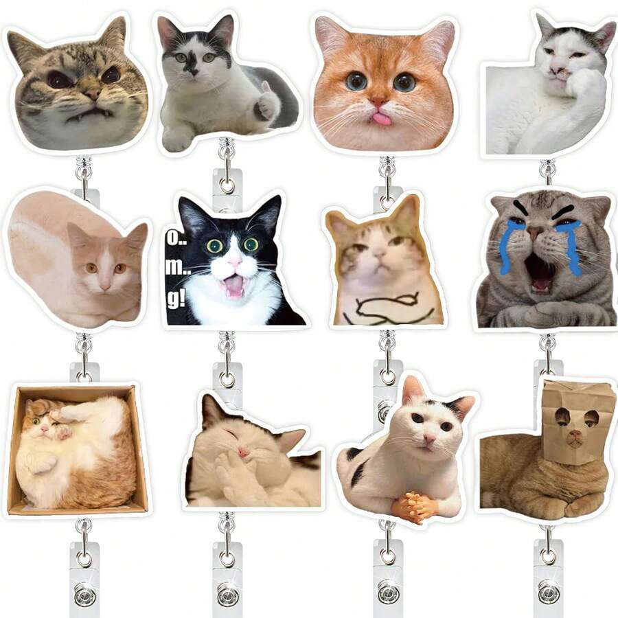 1pc Cute Cat Expression Abstract Acrylic Retractable Badge Reel Clip, Suitable For Nurses, Doctors, Volunteers, Teachers, Office Workers, ID Holders, Medical Personnel Badge Accessories, Retractable Lanyard Clip - A - View 1