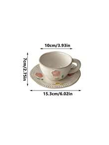 1pc Vintage Floral Glazed Ceramic Coffee Cup & Saucer Set, Niche Creative 3D Embossed Distressed Teacup, Elegant Afternoon Tea Cup, High-Quality Latte Art Cup, Lovely Office Milk Cup, Housewarming/Birthday Gift For Her - Multicolor - View 6