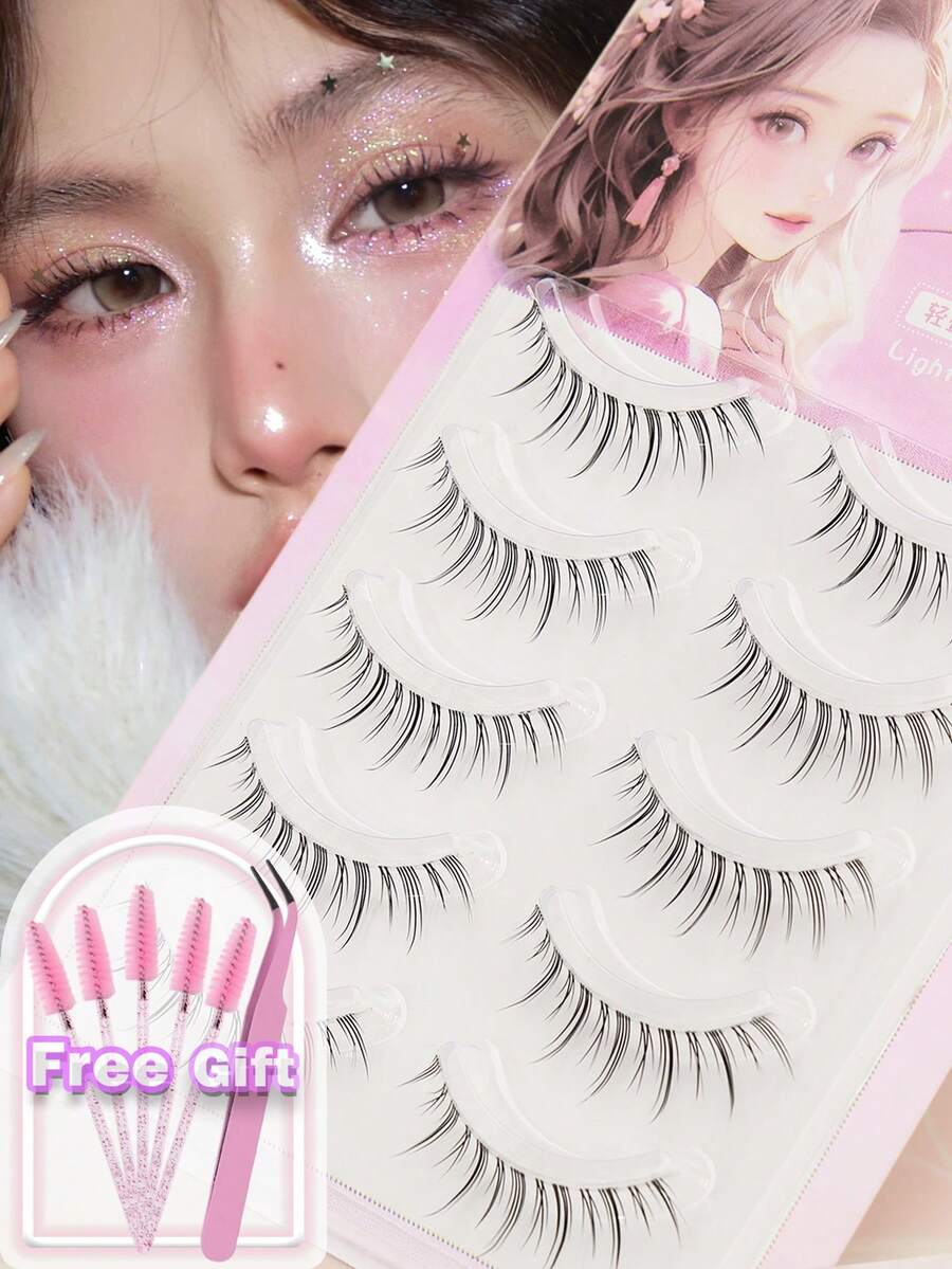 5 Pairs Of Natural False Eyelashes Fluffy And Soft 3D Mink Eyelashes Long Silky Eyelashesdaily Work Meetings Natural False Eyelashes Comfortable To Wear With Eyelashes Hand-Made Wing Elongated Natura Full False Eyelashes Free Eyelash Tweezers And Eyelash Brushes - 黑色 - 查看 1