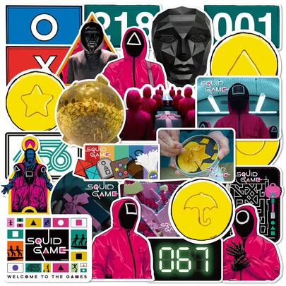 SQUID GAME 25pcs Sticker Pack With Iconic Characters, Symbols And Gaming Elements. Durable, Waterproof And Scratch-Resistant, Suitable For Laptops, Water Bottles, Phone Cases, Skateboards, Helmets, Cars, Bicycles And More. Must-Have Stickers For Fans To Personalize Gear And Accessories.