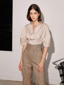 Women's Solid Color High Waisted Straight Leg Casual/Business Pants, Spring And Summer - Khaki - View 4