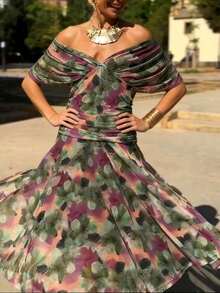 Elegant Floral Dress For Women, Sleeveless Pleated Fitted Dress With A Waistline, Suitable For Daily Casual Wear - 綠色 - 查看 2