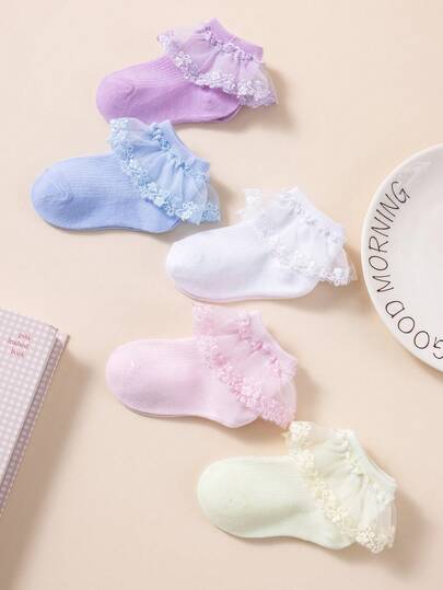 5/1 Pair Girls Colorful Lace Socks, Classic Casual Fine Soft Smooth Skin-Friendly Short Socks/School Socks, Cute Comfortable Breathable Versatile Dance Socks, Suitable For Party, Gathering, Performance, Vacation, Campus Life