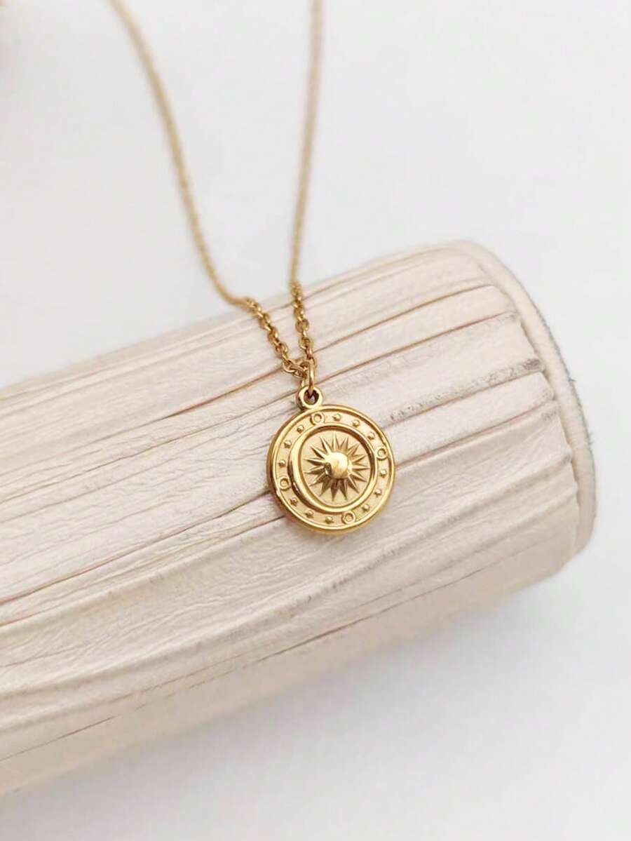 1 chiếc mặt dây chuyền hình la bàn Viking và mặt trời bằng thép không gỉ mạ vàng 18K, phụ kiện kim loại hình đồng xu thời trang và đa năng. - Vàng - Xem 1