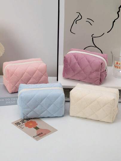 1 Solid Color Simple Square Makeup Bag, Large Capacity With Zipper Key Headphone Data Cable Storage Bag, Essential For Daily Life And Business Trips