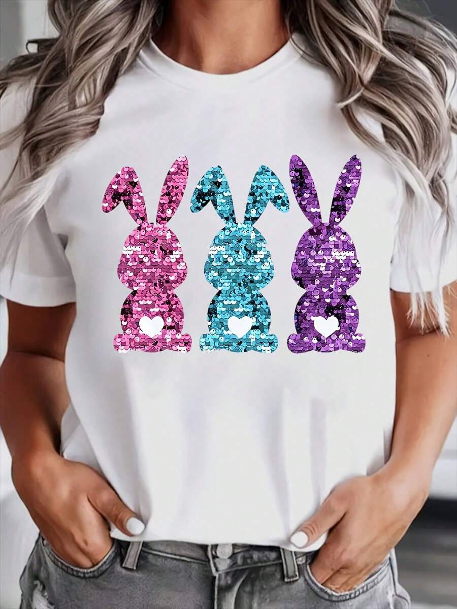 Sequin Bunny Easter Shirt Women's Spring Festival Graphic T-Shirt Cute Rabbit Design Party Wear Holiday Outfit, It Is A Perfect T-Shirt To Give To Friends And Family On Any Holiday Or Festive Occasion, 220g - 白色 - 查看 1