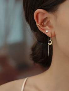 1 Set de Pendientes de Oro Multicapa + Pendientes de Estrella + Cadena de Oreja con Borla de Luna, 3 piezas, Diseño de Nicho Accesorios de Oreja Estratificados, Combinación de Joyería de Estilo Chic Atmosférico - Amarillo Oro - Ver 7