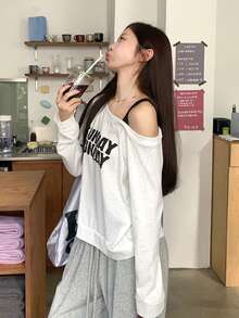 Women's Loose Fit Asymmetrical Shoulder Letter Print Long Sleeve T-Shirt Top - White - View 9