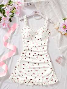 Ropa de dormir blanca para mujer, camisón ajustado con estampado de flores de cerezo y volantes, camisón lindo, con volantes en el bajo, camisón de tirantes finos con volantes, babydoll, vestido de tirantes finos, vestido de lencería sexy, lencería sexy, lencería nupcial - Blanco - Ver 4