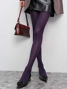 1 Pair Women's Purple Tights, Elastic Fitted Fleece Lined Stirrup Leggings For Spring & Autumn - Purple - View 2