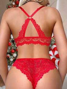 1 Set/2 Pieces Red Women's Lace Lingerie Set - Front-Closure Push-Up Bra & Panty, Perfect For Romantic Nights - Red - View 8