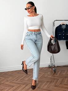 High Waist Plain Casual Comfortable Denim Pocket Zipper Button Jeans - Blue - View 4