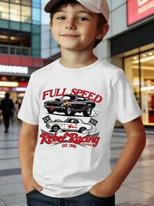 男童字母标语和赛车印花短袖T恤，夏季 - 白色 - 查看 1