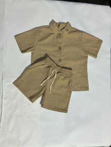 Boys' Linen Outfit With Mandarin Collar. - Beige - View 2